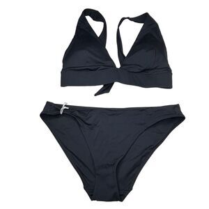 Everlane The Thigh-High Bikini Bottom &Triangle Bikini Top 2 PC Black Large NWT